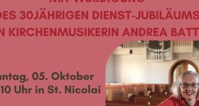 Erntedank-Gottesdienst mit Harfenkonzert und Würdigung des 30jährigen Dienst-Jubiläums von Kirchenmusikerin Andrea Battige
