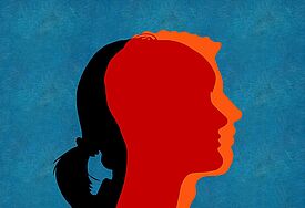 Grafik von übereinandergelegten Kopf-Profilen als Schattenwurf. Der Hintergrund ist blau, ein Frauenprofil ist schwarz, ein Männerprofil orange und ein nicht eindeutiges Profil ist rot.