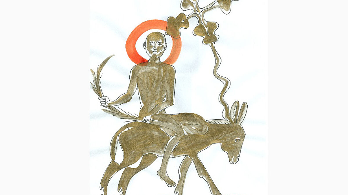 Am Palmsonntag feiern Christen den Einzug Jesu mit einem Palmwedel in Jerusalem. (Aquarell auf Papier von Manfred Stumpf) 
