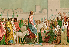 Gemälde, im Zentrum Jesus auf einem Esel, drumherum viele Menschen, die Palmenwedel in der Hand halten