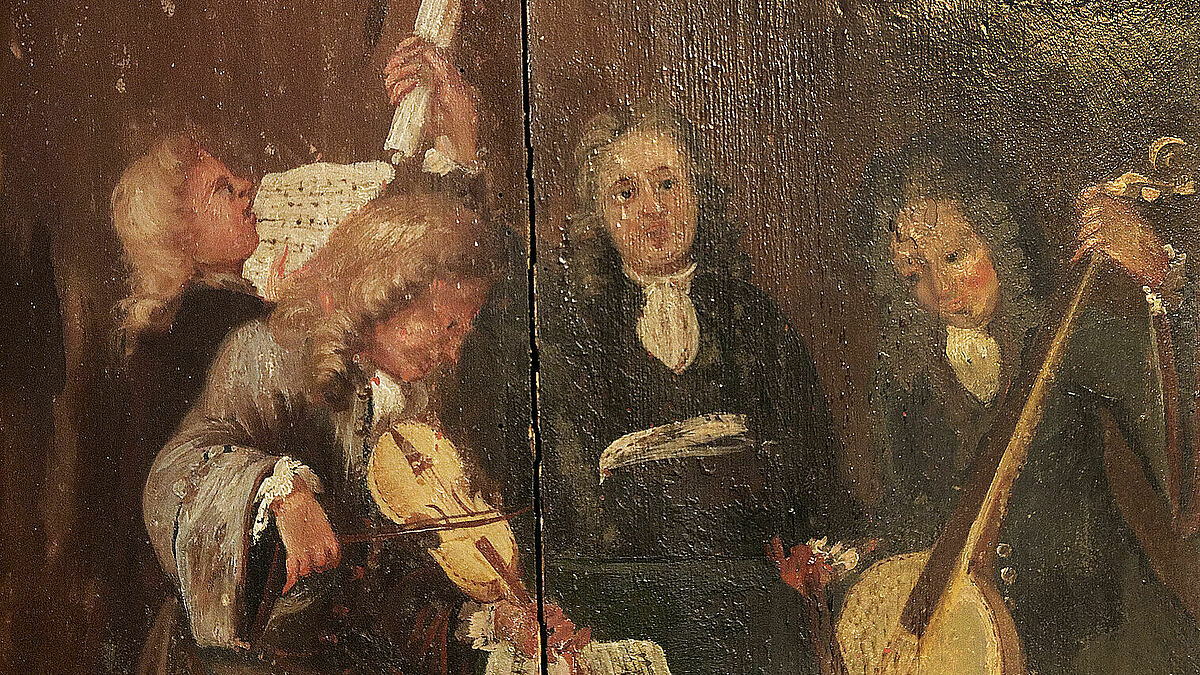Bildnis des Orgelbauers Arp Schnitger (2. v. r.), das der promovierte Theologe und Kunstwissenschaftler Dietrich Diedrichs-Gottschalk auf einer Bildtafel in der Taufkirche St. Bartholomaeus in Golzwarden bei Brake entdeckt hat.