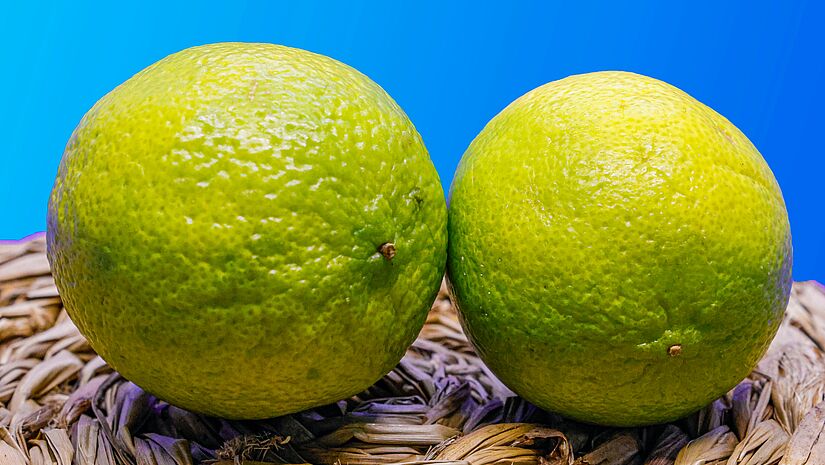Nahaufnahme von zwei Limetten auf einem Korbuntersetzer Nahaufnahme von zwei Limetten auf einem Korbuntersetzer