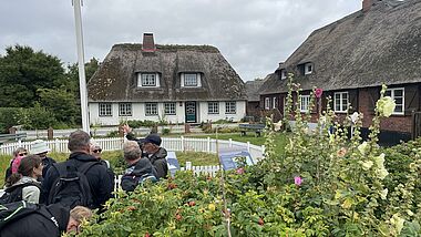 Eine Gruppe Menschen neben zwei Häusern auf Hallig Oland neben dem Wasserspeicherbecken mit Blumene im Vordergrund, 