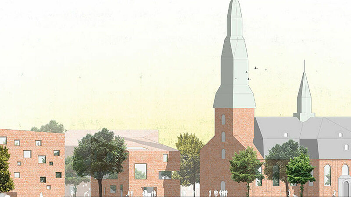 Neben der Hamburger St. Trinitatis Kirche am Altonaer Fischmarkt soll in den nächsten Jahren ein kleines "Dorf" aus fünf neuen Backstein-Häusern mit schrägen Dächern entstehen
