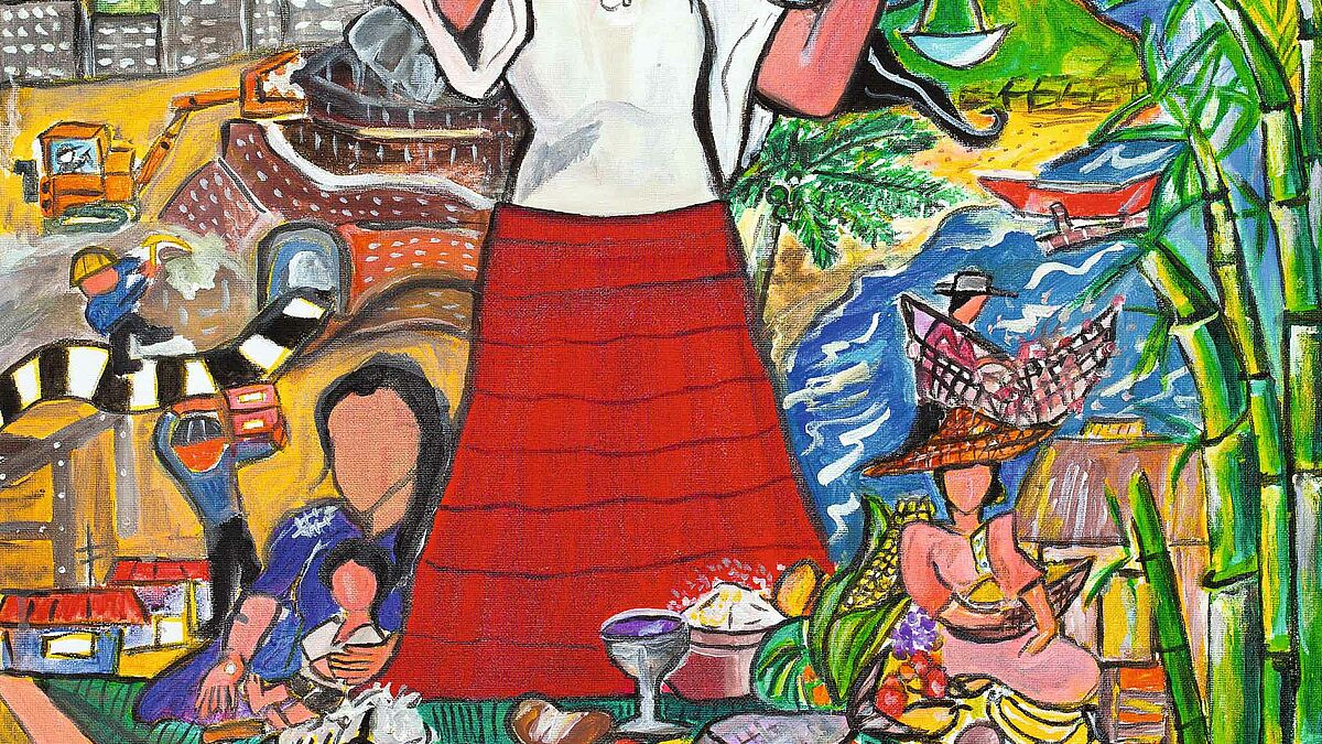 Titelbild zum Weltgebetstag 2017 Philippinen mit Bildtitel "A Glimpse of the Philippine Situation" von der philippinischen Künstlerin Rowena Apol Laxamana Sta Rosa