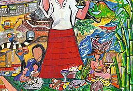 Titelbild zum Weltgebetstag 2017 Philippinen mit Bildtitel "A Glimpse of the Philippine Situation" von der philippinischen Künstlerin Rowena Apol Laxamana Sta Rosa