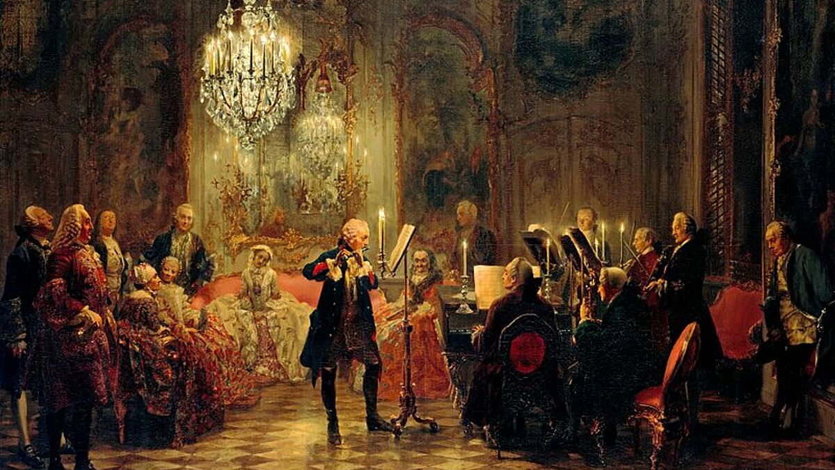 Adolph Menzels berühmtes Gemälde "Flötenkonzert Friedrichs des Großen in Sanssouci". Am Cembalo: Carl Philipp Emanuel Bach