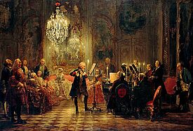 Adolph Menzels berühmtes Gemälde "Flötenkonzert Friedrichs des Großen in Sanssouci". Am Cembalo: Carl Philipp Emanuel Bach (Wikimedia Commons)