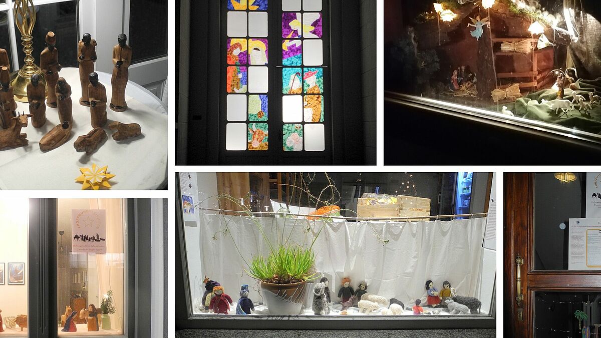 Ein Blick in die Fenster versetzt in weihnachtliche Stimmung: In Binz und Putbus auf Rügen schmücken Krippenszenen die Fensterbänke. An der Schlosskirchentür in Putbus wird Bethlehems Stall mit Transparentpapier dargestellt. 
