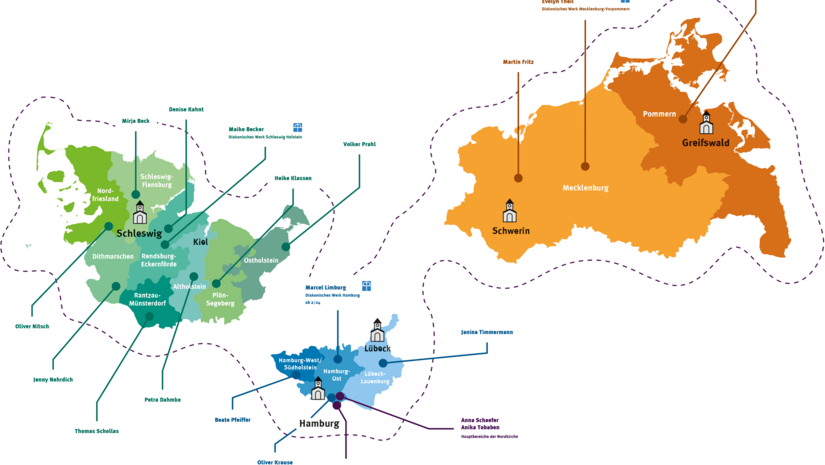 Farbig illustrierte Landkarte der Nordkirche mit Namen der Meldebeauftragten