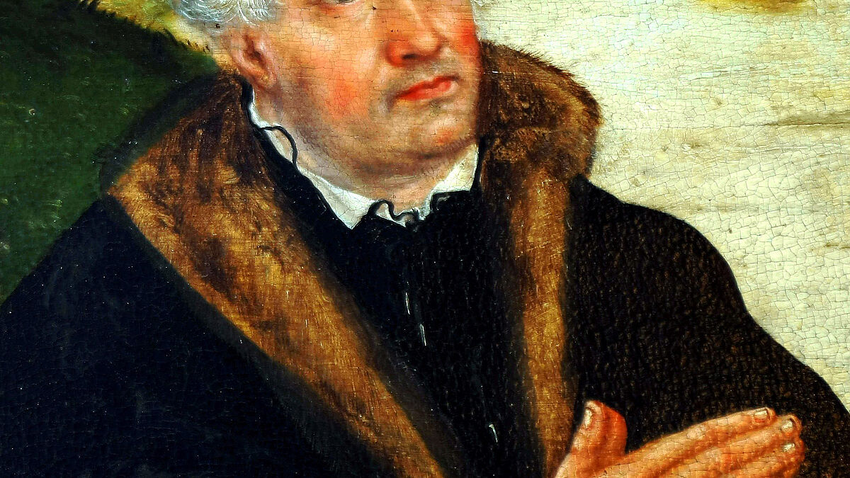 Porträt des Reformators Johannes Bugenhagen (1485 - 1558) in der Stadtkirche St. Marien in der Lutherstadt Wittenberg (von Lucas Cranach d.J. 1560) . Foto mit freundlicher Genehmigung der Evangelischen Stadtkirchengemeinde Wittenberg erstellt.