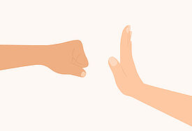 Illustration Kein Raum für Missbrauch: Eine erhobene Hand stoppt eine ausgestreckte Faust