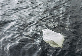Eine Plastiktüte treibt im Meer