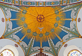 Pfingstsymbole: die Taube steht für den heiligen Geist, das Buchstabensymbol für das Christentum. Es ist zusammengesetzt aus den die Anfangsbuchstaben von Christos: X (Chi) und P (Rho)