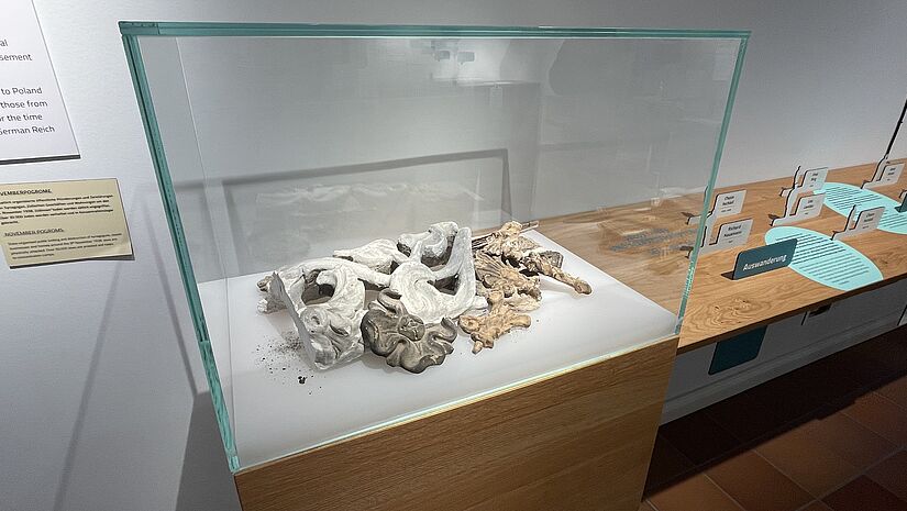 In einer Glasvitrine liegen alte Reste von Gipsblumen und Schnörkeln.