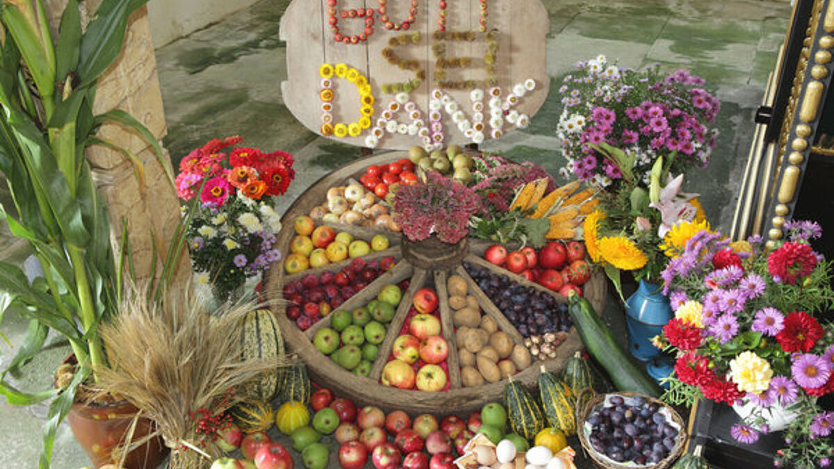 Zum Erntedankfest ist der Altarraum mit Feldfrüchten und Blumen geschmückt - Ausdruck der Dankbarkeit für die Gaben der Erde und Gottes