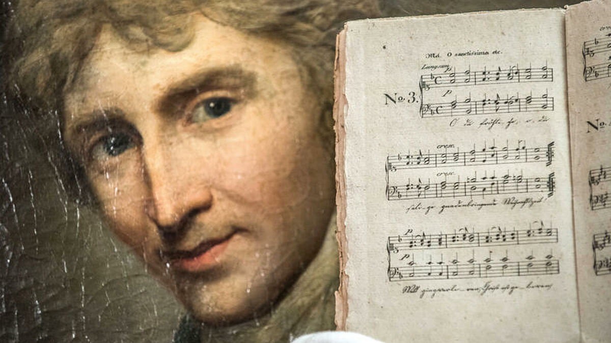 Porträt des Pädagogen Johannes Daniel Falk (1768 - 1826), mit Notenblatt des Weihnachtsliedes "O du fröhliche", im Johannes Daniel Falk Museum in Weimar. Falk ist heute weitgehend vergessen. Dabei gilt er als Wegbereiter einer neuzeitlichen Pädagogik.