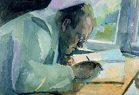 Komponist Max Reger bei der Arbeit, dargestellt in einem Gemälde von Franz Nölken aus dem Jahr 1913