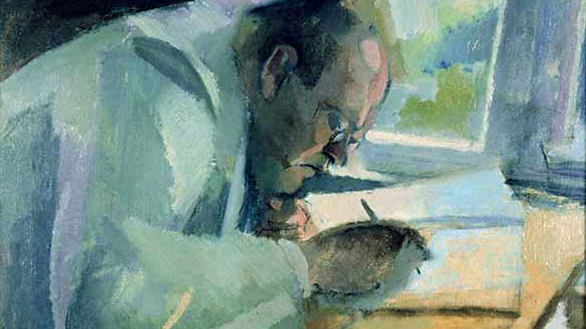 Komponist Max Reger bei der Arbeit, dargestellt in einem Gemälde von Franz Nölken aus dem Jahr 1913