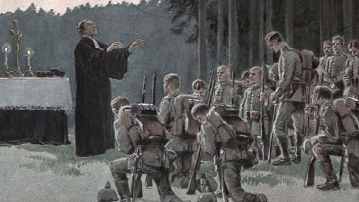 Bildpostkarte aus dem 1.Weltkrieg auf der ein evangelischer Pfarrer bei einem Feldgottesdienst deutsche Soldaten segnet.