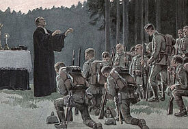 Bildpostkarte aus dem 1.Weltkrieg auf der ein evangelischer Pfarrer bei einem Feldgottesdienst deutsche Soldaten segnet.