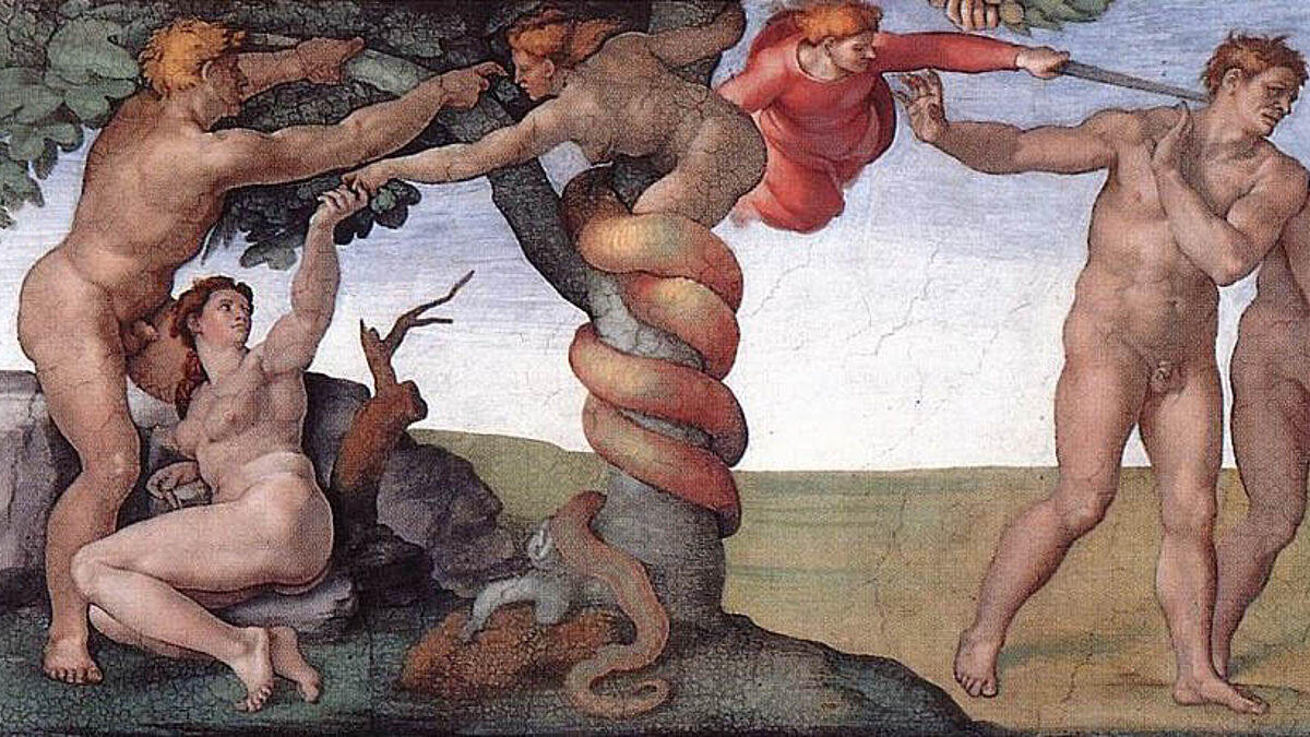 Der Suendenfall, ein Stichwort von 100. Hier die Darstellung von Michelangelo in der Sixtinischen Kapelle in Rom. Foto Wikimedia Commons/Nitramtrebla 
