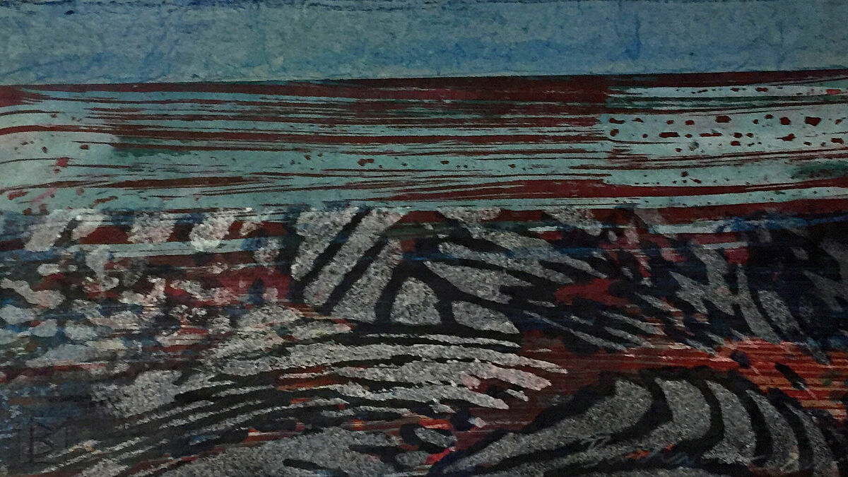 "Über Wasser": farbige Tusche, Beize und Acryl über einer Collage auf verschiedenen Papieren 