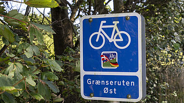 Ein blaues Verkehrsschild mit einem Fahrrad, das eine Route an der dänischen Grenze ausweist