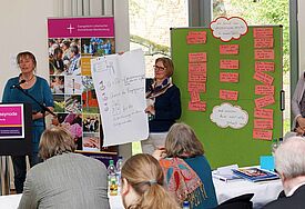 Das Wirken der Dienste und Werke stand im Mittelpunkt der Synode: Aus der Arbeitsgruppe Seelsorgedienste berichteten Uta Krause (l., Telefonseelsorge) und Pastorin Anke Leisner (M., Krankenhausseelsorge Neubrandenburg)