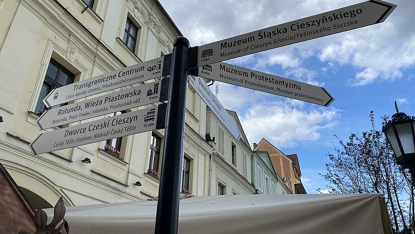 Wegweiser zum Museum des Protestantismus in Czieszyn