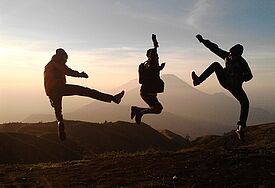 Silhouetten drei junger Menschen, die in die Luft springen