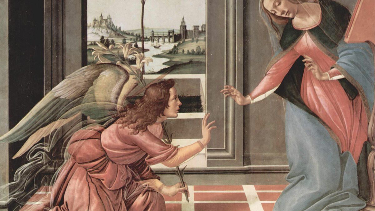 Erzengel Gabriel kündigt Maria die Geburt ihres Kindes an. Gemälde von Sandro Boticelli (um 1489-1490) in den Uffizien, Florenz. Foto: The Yorck-Project, Wikimedia Commons