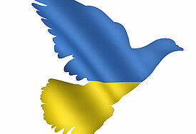 Grafik einer Taube in den Farben der ukrainischen Flagge.