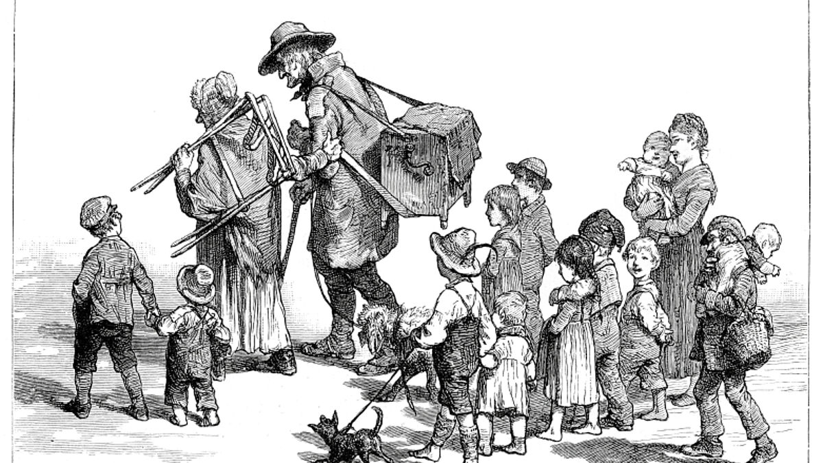 Eine Familie wandert aus - Radierung um 1880, unbekannter Künstler