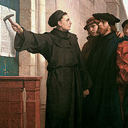 Gemälde "Martin Luthers Thesenanschlag" an der Schloßkirche zu Wittenberg am 31. Oktober 1517 (Gemälde, 1872, von Ferdinand Pauwels).