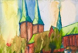 Ein Aquarell zeigt eine Kirche an einem See. Das Gebäude ist in rot, das Dach in grün dargestellt. 