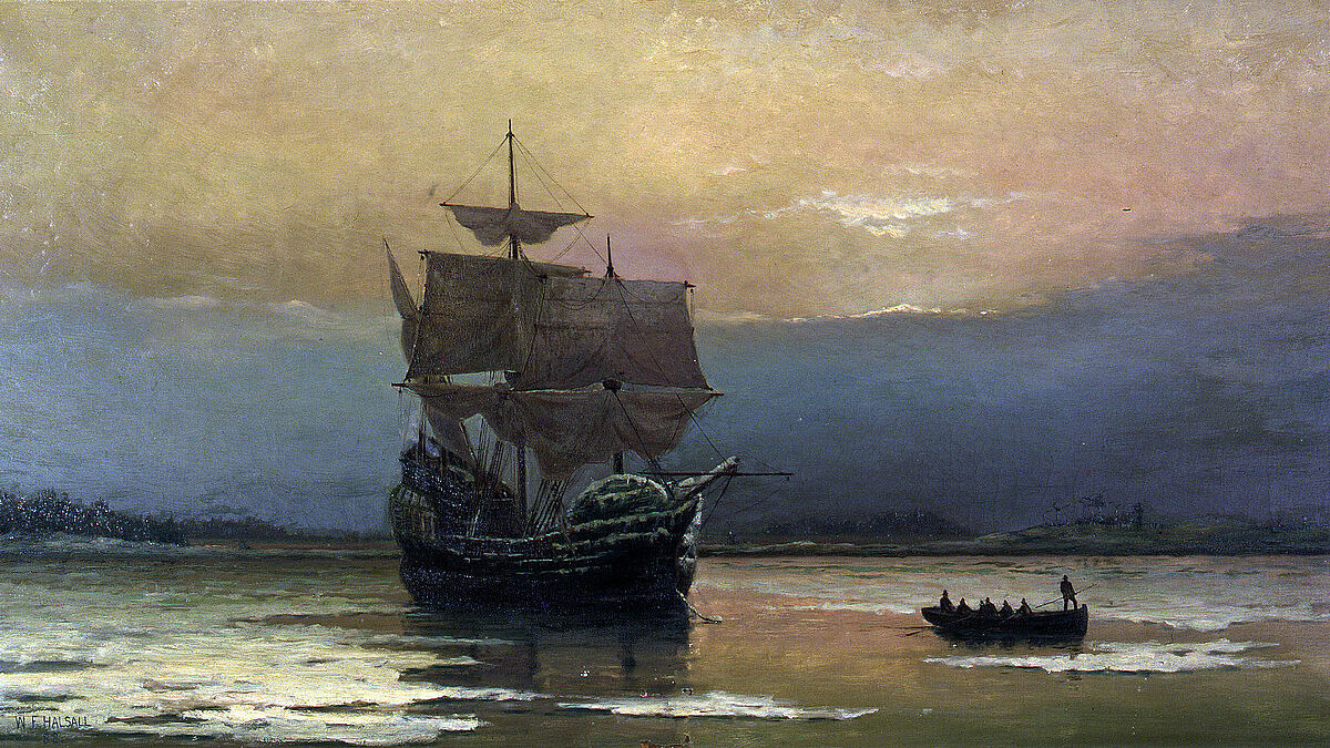 Mit der "Mayflower" flohen die protestantischen Separatisten, die "Pilgrim Fathers", im Jahr 1620 von England nach Nordamerika. (Bild: "Mayflower in Plymouth Harbor" by William Halsall, 1882)