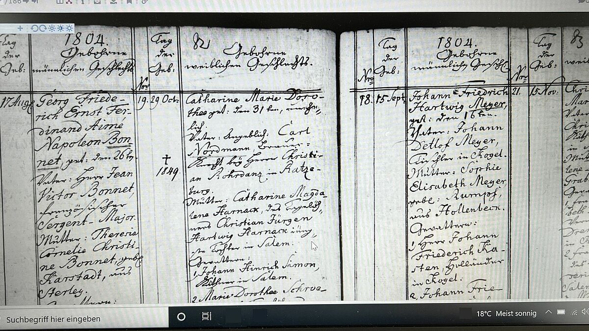Der Taufeintrag von Georg Bonnet im Kirchenbuch von Sterley von 1804.