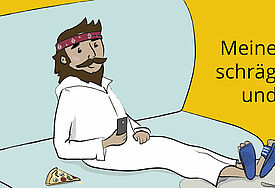 Das Buchcover zeigt Jesus gezeichnet im Stil eines Comics. Er trägt ein weißes Gewand und sitzt auf einer türkisfarbenen Couch, die Füße auf einem kleinen Tisch abgelegt, 