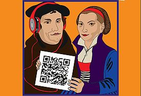 Martin Luther und Katharina von Bora laden beim Projekt G-Code zu Hörbeiträgen via Scan des QR-Codes ein.