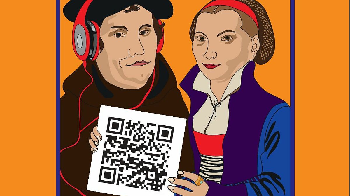 Martin Luther und Katharina von Bora laden beim Projekt G-Code zu Hörbeiträgen via Scan des QR-Codes ein.