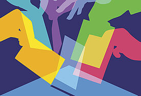 Grafik: bunt illustrierte Hände werden Umschläge in eine Wahlurne.