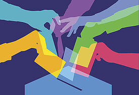 Grafik: bunt illustrierte Hände werden Umschläge in eine Wahlurne.