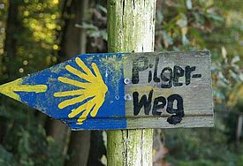 Holzschild mit einer aufgemalten Jakobsmuschel und dem Schriftzug "Pilgerweg"