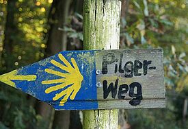 Holzschild mit einer aufgemalten Jakobsmuschel und dem Schriftzug "Pilgerweg"