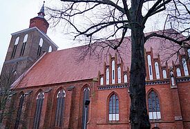 Backsteinkirche zwischen kahlen Bäumen