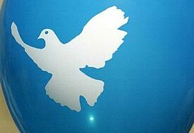 Weiße Friedenstaube auf einem blauen Ballon