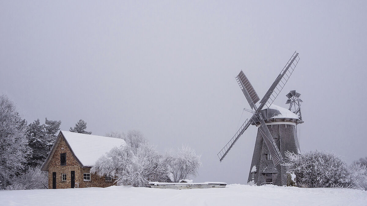 Die Windmühle in Benz auf der Insel Usedom im Winter.