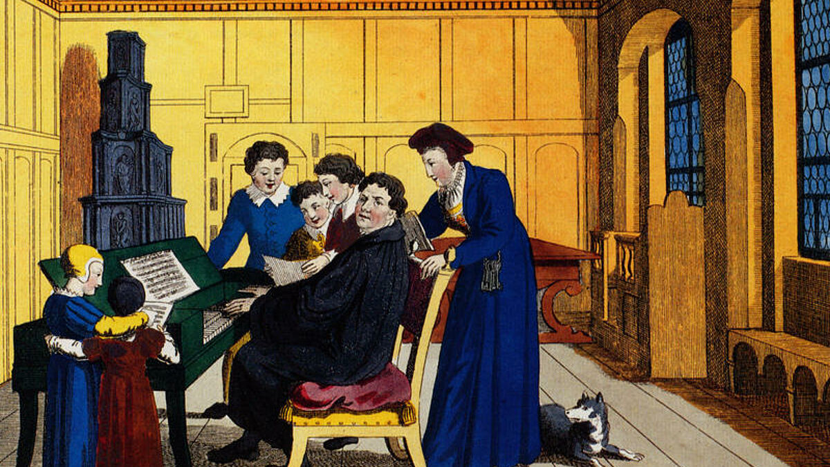 "Luther im Kreise seiner Familie", kolorierte Radierung, um 1825, von Peter Carl Geissler (1802-1872)