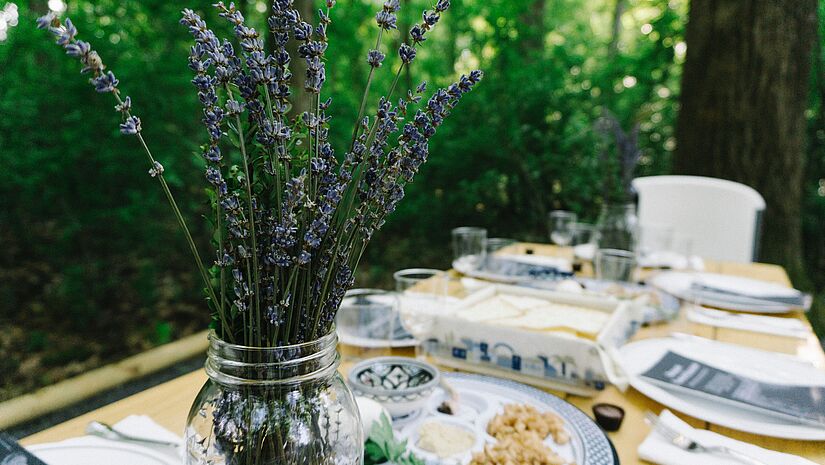 Gedeckter Tisch mit Lavendel und Pessach-Speinsen wie dünnem Fladenbrot.